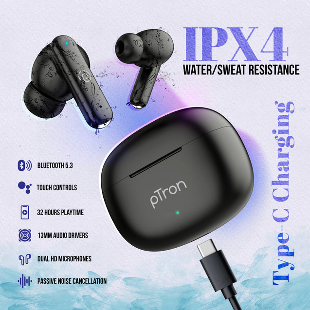 pTron Bassbuds Air In-Ear TWS Earbuds with Deep Bass, 32Hrs Playtime, Built-in HD Mic, Bluetooth v5.1, Touch Control, Type-C Fast Charging, Voice Assistant & IPX4 Water Resistant (Pearl Black)