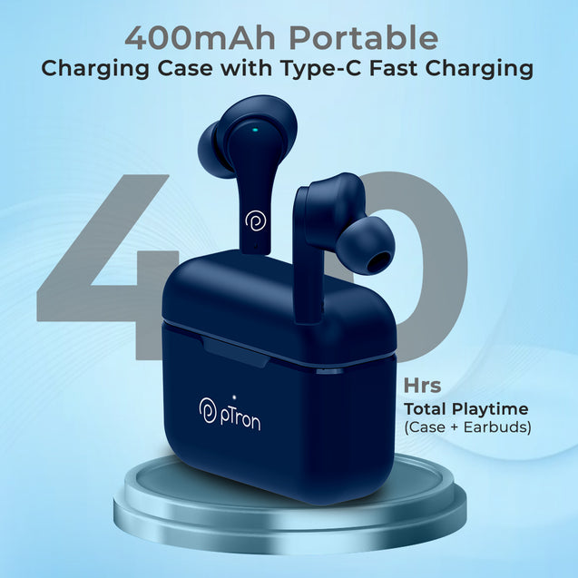 pTron Bassbuds Tango In-Ear TWS Earbuds, TruTalk AI-ENC Calls, Movie Mode, 40Hrs Playtime, Bluetooth 5.1 Headphone with HD Mics, Touch Control, IPX4 Water-Resistant & Type-C Fast Charging (Royal Blue)