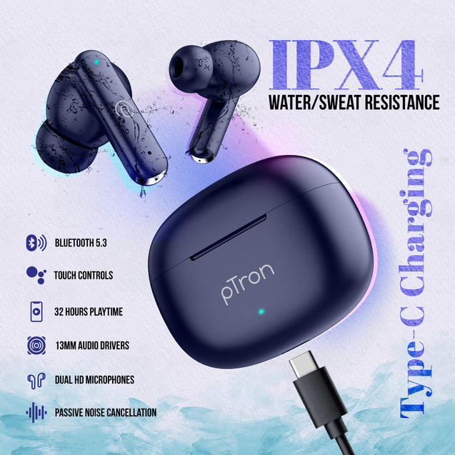 pTron Bassbuds Air In-Ear TWS Earbuds with 13mm Driver for Immersive Sound, 32Hrs Playtime, Clear Calls, Bluetooth V5.1, Touch Control, TypeC Fast Charging, Voice Assist & IPX4 Water Resistant (Bold Blue)