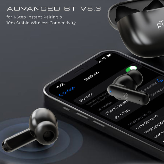 pTron Bassbuds Zen In-Ear TWS Earbuds with Quad ENC Mic, 50Hrs Playtime, Low Latency, Bluetooth 5.3 Wireless Headphones, Deep Bass, Touch Control, Type-C Fast Charging & IPX4 Water Resistant (Coal Black)