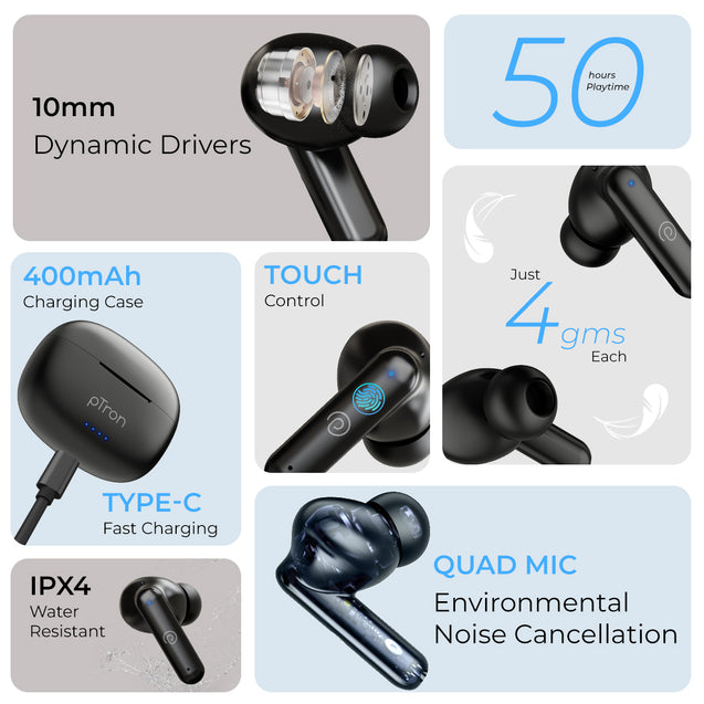 pTron Bassbuds Zen In-Ear TWS Earbuds with Quad ENC Mic, 50Hrs Playtime, Low Latency, Bluetooth 5.3 Wireless Headphones, Deep Bass, Touch Control, Type-C Fast Charging & IPX4 Water Resistant (Coal Black)