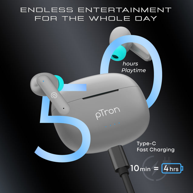 pTron Bassbuds Zen In-Ear TWS Earbuds with Quad ENC Mic, 50Hrs Playtime, Low Latency, Bluetooth 5.3 Wireless Headphones, Deep Bass, Touch Control, Type-C Fast Charging & IPX4 Water Resistant (Cool Grey)