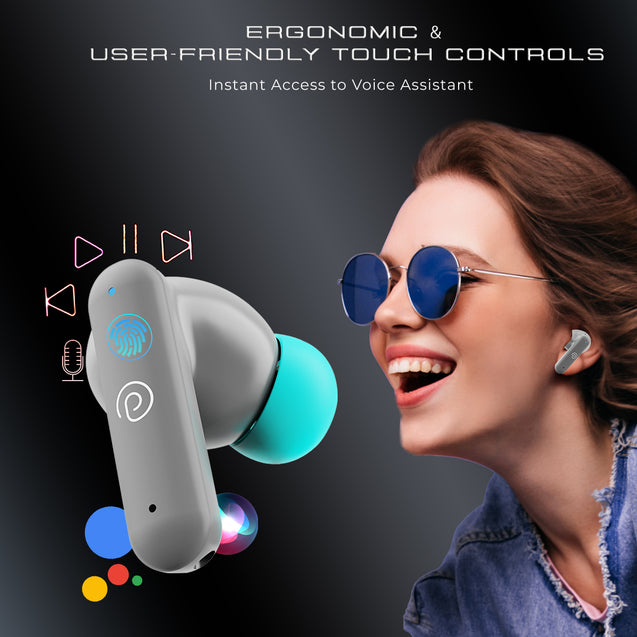 pTron Bassbuds Zen In-Ear TWS Earbuds with Quad ENC Mic, 50Hrs Playtime, Low Latency, Bluetooth 5.3 Wireless Headphones, Deep Bass, Touch Control, Type-C Fast Charging & IPX4 Water Resistant (Cool Grey)