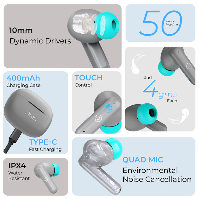 pTron Bassbuds Zen In-Ear TWS Earbuds with Quad ENC Mic, 50Hrs Playtime, Low Latency, Bluetooth 5.3 Wireless Headphones, Deep Bass, Touch Control, Type-C Fast Charging & IPX4 Water Resistant (Cool Grey)