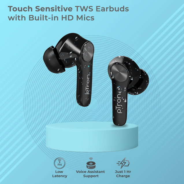 pTron Basspods P481 Pro Active Noise Cancellation (ANC) in-Ear TWS Earbuds, Transparency Mode, Deep Bass, Touch Control, Bluetooth 5.1 Headphones with Mic, Type C Fast Charge & IPX4 (Midnight Black)