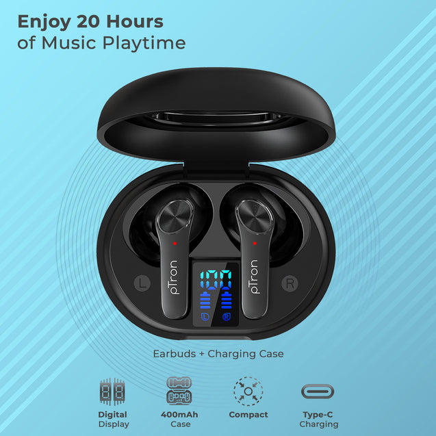 pTron Basspods P481 Pro Active Noise Cancellation (ANC) in-Ear TWS Earbuds, Transparency Mode, Deep Bass, Touch Control, Bluetooth 5.1 Headphones with Mic, Type C Fast Charge & IPX4 (Midnight Black)
