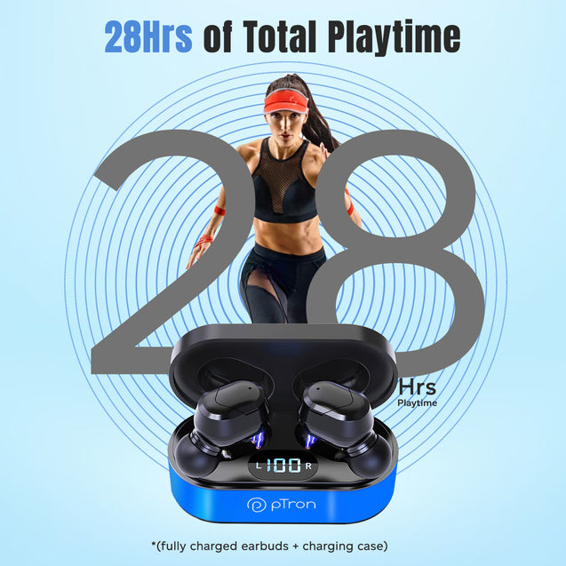 pTron Bassbuds Plus in-Ear TWS Earbuds with HD Mic, Bluetooth 5.0 Headphones, Stereo Sound, Clear Calls, 28Hrs Playback Time, Voice Assistant, IPX4 Water Resistant & Fast Charging (Electric Blue)
