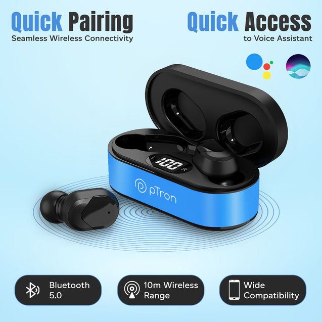 pTron Bassbuds Plus in-Ear TWS Earbuds with HD Mic, Bluetooth 5.0 Headphones, Stereo Sound, Clear Calls, 28Hrs Playback Time, Voice Assistant, IPX4 Water Resistant & Fast Charging (Electric Blue)