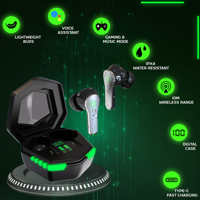 pTron Bassbuds Rush In-Ear TWS Earbuds with Mic, Gaming 40ms Low Latency, TruTalk AI-ENC Calls, 35H Playtime, Bluetooth 5.3 Headphones, Voice Assist, Type-Fast Charge & IPX4 Water Resistant (Bold Black)