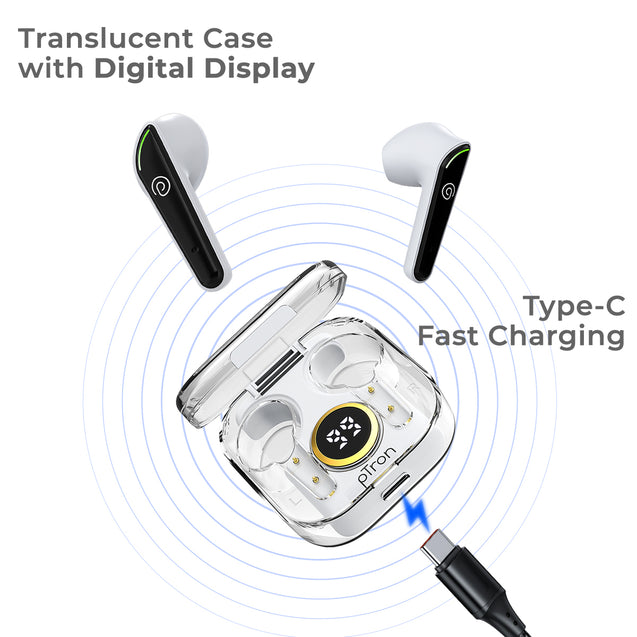 pTron Bassbuds Nyx in-Ear TWS Earbuds, Immersive Audio, Bluetooth 5.1 Wireless Headphones, HD Mic, 50ms Movie Mode, Digital Case, Type-C Fast Charging & IPX4 Water Resistant (Pearl White & Black)