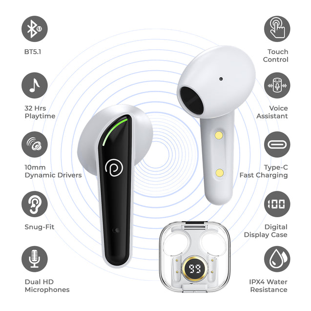 pTron Bassbuds Nyx in-Ear TWS Earbuds, Immersive Audio, Bluetooth 5.1 Wireless Headphones, HD Mic, 50ms Movie Mode, Digital Case, Type-C Fast Charging & IPX4 Water Resistant (Pearl White & Black)