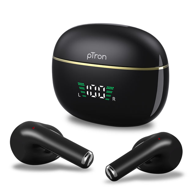 pTron Bassbuds Perl in-Ear TWS Earbuds, TruTalk AI-ENC Calls, Immersive Sound, 28H Playtime, Music/Game Modes, Bluetooth 5.3 Wireless Headphones, Pinch Touch Control, Type-C Fast Charge (Black Satin)