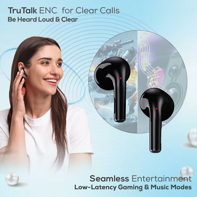 pTron Bassbuds Perl in-Ear TWS Earbuds, TruTalk AI-ENC Calls, Immersive Sound, 28H Playtime, Music/Game Modes, Bluetooth 5.3 Wireless Headphones, Pinch Touch Control, Type-C Fast Charge (Black Satin)