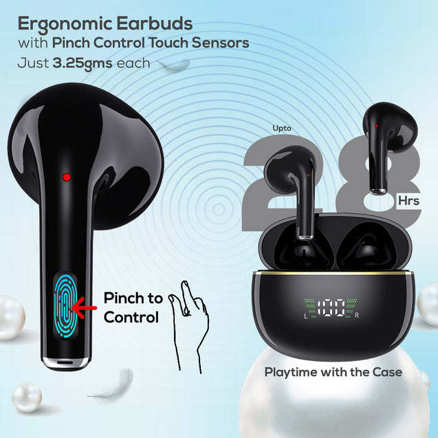 pTron Bassbuds Perl in-Ear TWS Earbuds, TruTalk AI-ENC Calls, Immersive Sound, 28H Playtime, Music/Game Modes, Bluetooth 5.3 Wireless Headphones, Pinch Touch Control, Type-C Fast Charge (Black Satin)