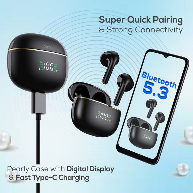 pTron Bassbuds Perl in-Ear TWS Earbuds, TruTalk AI-ENC Calls, Immersive Sound, 28H Playtime, Music/Game Modes, Bluetooth 5.3 Wireless Headphones, Pinch Touch Control, Type-C Fast Charge (Black Satin)