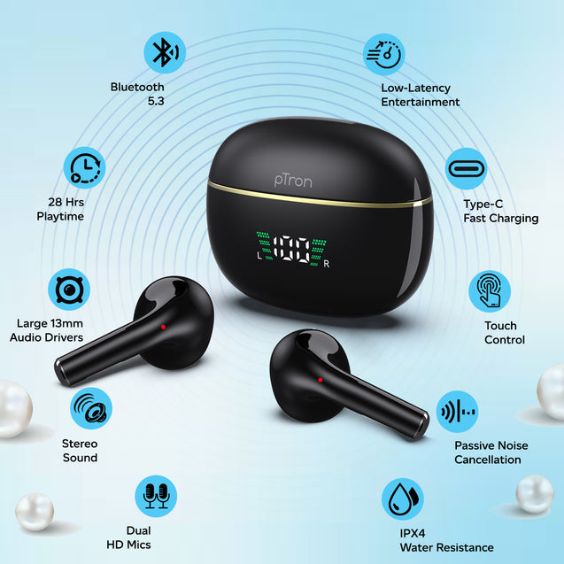 pTron Bassbuds Perl in-Ear TWS Earbuds, TruTalk AI-ENC Calls, Immersive Sound, 28H Playtime, Music/Game Modes, Bluetooth 5.3 Wireless Headphones, Pinch Touch Control, Type-C Fast Charge (Black Satin)