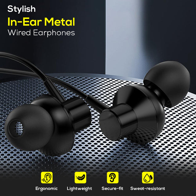 pTron Pride Lite in-Ear Wired in Ear Earphones with in-line Mic, 10mm Driver, Immersive Sound, Metal Buds, Compatible with 3.5mm Aux Port Device & 1.2m Tangle-Free Cable (Metallic Black)