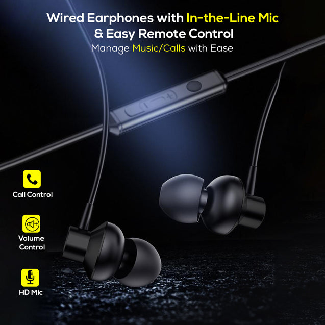 pTron Pride Lite in-Ear Wired in Ear Earphones with in-line Mic, 10mm Driver, Immersive Sound, Metal Buds, Compatible with 3.5mm Aux Port Device & 1.2m Tangle-Free Cable (Metallic Black)