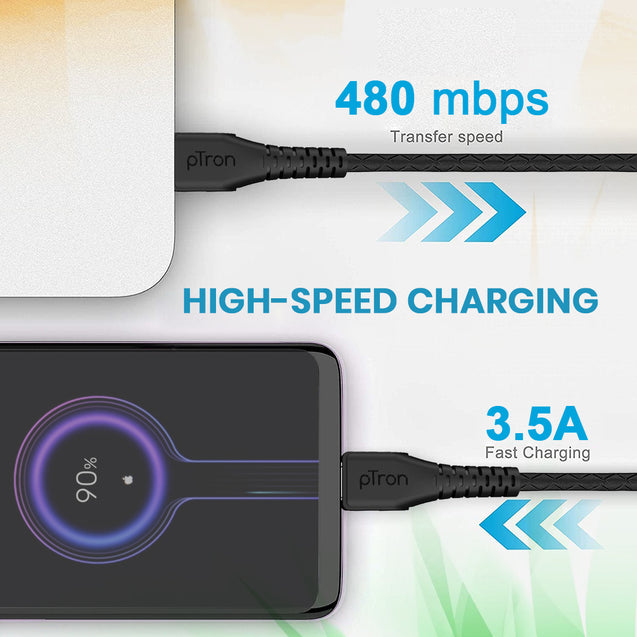 pTron Solero T351 Type-C to Type-C 3.5A Fast Charging Cable, Compatible with Android & iOS Phones/Tablets, 480Mbps Data Transfer Speed, Made in India & Tangle-free USB Cable (Round, 1M, Black)