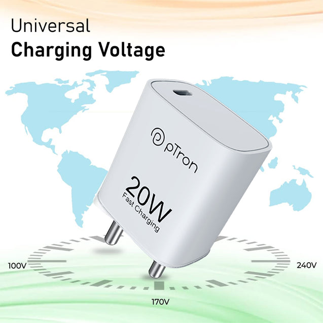 pTron Original 20W Type C iPhone Charger, Fast Charging Compatible for iPhone 15/14/13/12/11/X/8 & Other Type C Enabled Devices, 20W PD Charger, Power Delivery Compatible Adapter, Volta FC18 (White)