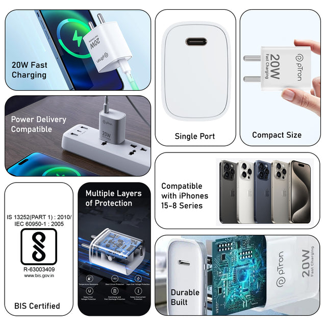 pTron Original 20W Type C iPhone Charger, Fast Charging Compatible for iPhone 15/14/13/12/11/X/8 & Other Type C Enabled Devices, 20W PD Charger, Power Delivery Compatible Adapter, Volta FC18 (White)