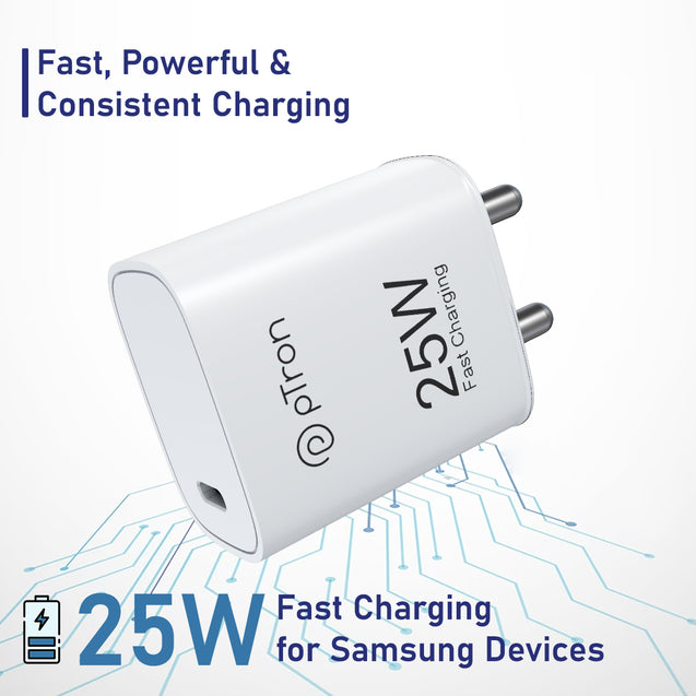 pTron 25W Type C Mobile Charger Superfast Charging Compatible for Samsung S20 FE/S20+/S21/S21+/S21 FE/S21 Ultra/S22/S23/M14 5G/M15/M32/M33 5G/M34/A05/A15/A35/PPS PD - Volta FC19 with 1m Cable (White)