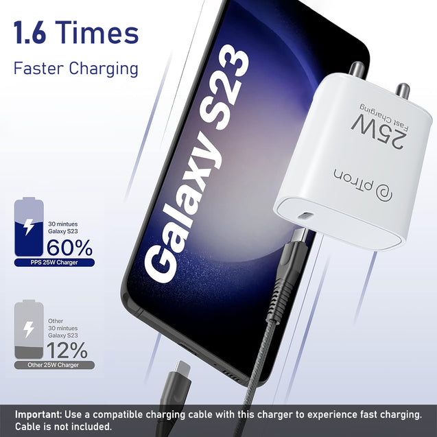 pTron 25W Type C Mobile Charger Superfast Charging Compatible for Samsung S20 FE/S20+/S21/S21+/S21 FE/S21 Ultra/S22/S23/M14 5G/M15/M32/M33 5G/M34/A05/A15/A35/PPS PD - Volta FC19 with 1m Cable (White)