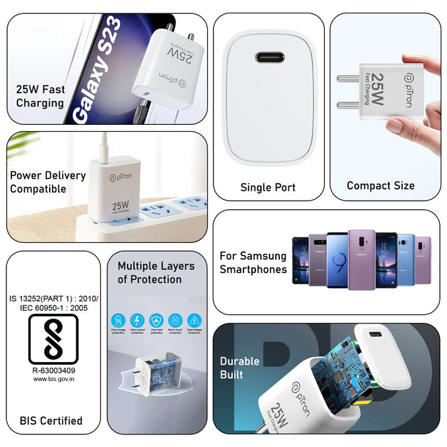 pTron 25W Type C Mobile Charger Superfast Charging Compatible for Samsung S20 FE/S20+/S21/S21+/S21 FE/S21 Ultra/S22/S23/M14 5G/M15/M32/M33 5G/M34/A05/A15/A35/PPS PD - Volta FC19 with 1m Cable (White)