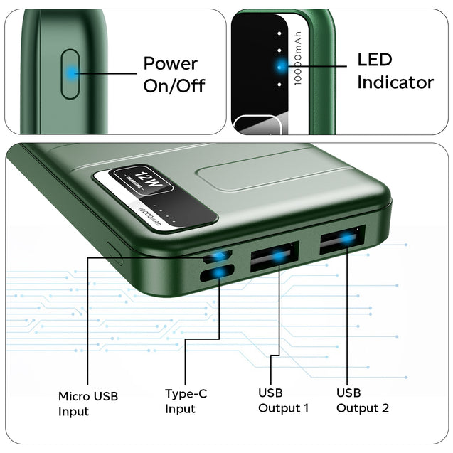 pTron Dynamo Nitro 10000mAh 12W Fast Charging Power Bank (Green)