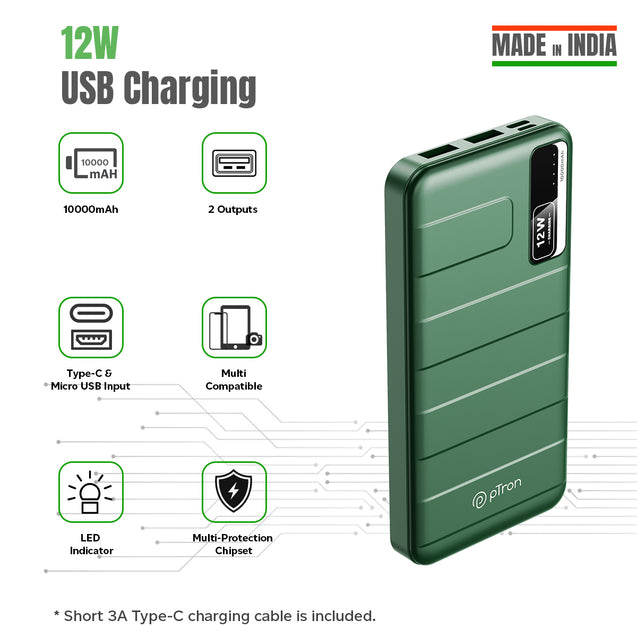 pTron Dynamo Nitro 10000mAh 12W Fast Charging Power Bank (Green)