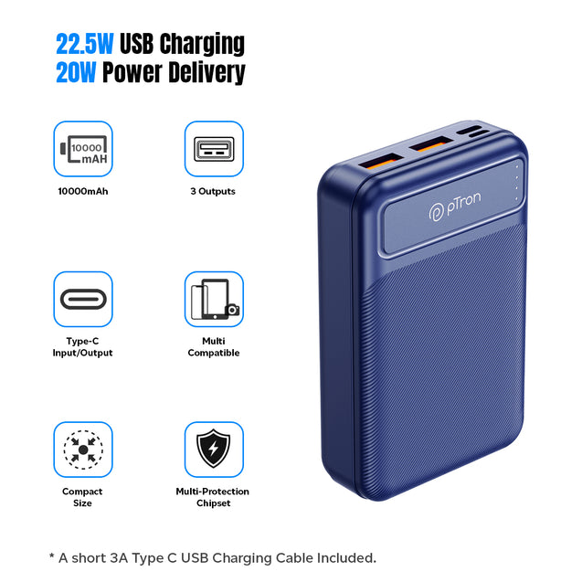 pTron Dynamo Spark 10000mAh 22.5W Fast Charging Power Bank (Blue)