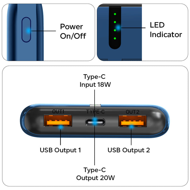 pTron Dynamo Nergy 10000mAh 22.5W Fast Charging Power Bank (Blue)