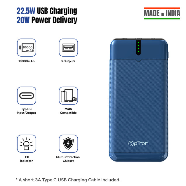 pTron Dynamo Nergy 10000mAh 22.5W Fast Charging Power Bank (Blue)