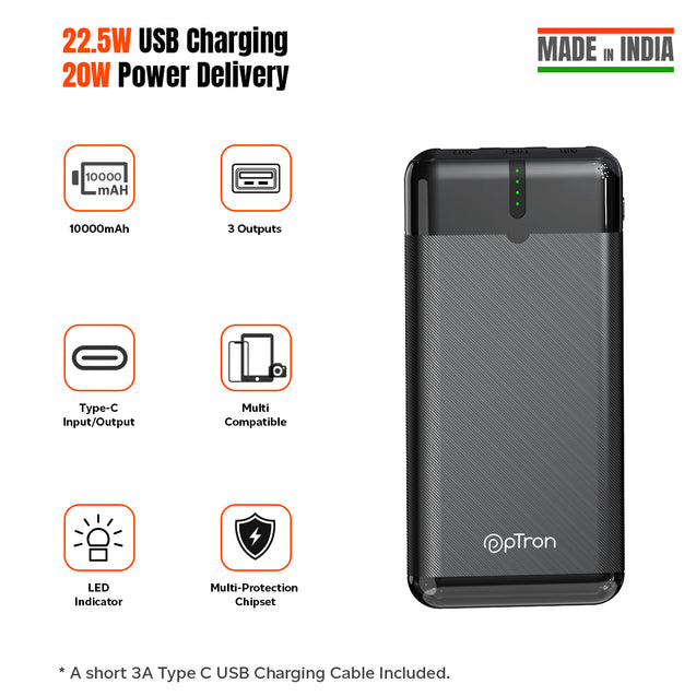 pTron Dynamo Nergy 10000mAh 22.5W Fast Charging Power Bank (Black)