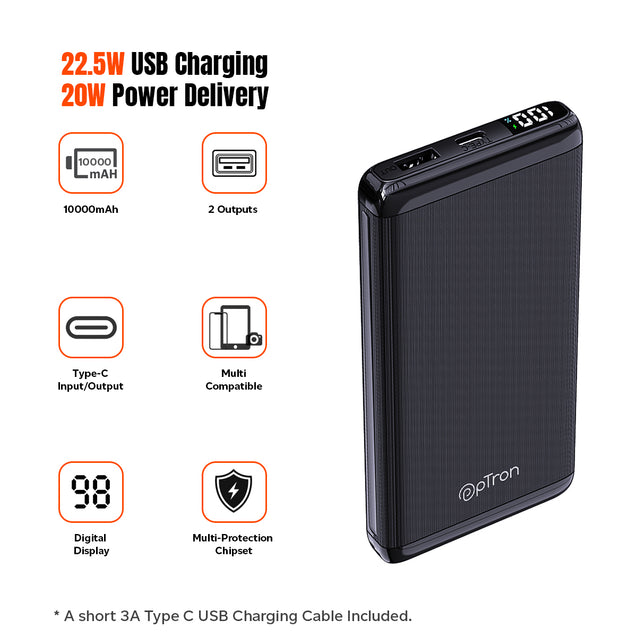 pTron Dynamo Vortex 10000mAh 22.5W Fast Charging Power Bank (Black)