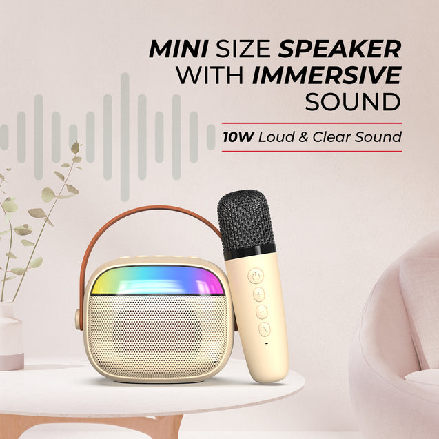 pTron Fusion Smart 10W Mini Bluetooth Speaker with Wireless Karaoke Mic, 10Hrs Playtime, RGB Lights, Voice Effects(Ivory White)