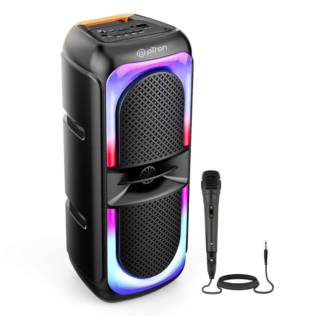 pTron Newly Launched Fusion Beats 40W Karaoke Bluetooth Party Speaker, Loud & Clear Stereo Sound, RGB Lights, 3 mtr Wired Mic, BT/USB/SD Card/Aux Playback, TWS Pairing & Type C Charging (Black)