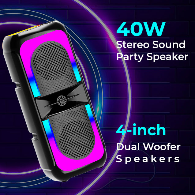 pTron Newly Launched Fusion Beats 40W Karaoke Bluetooth Party Speaker, Loud & Clear Stereo Sound, RGB Lights, 3 mtr Wired Mic, BT/USB/SD Card/Aux Playback, TWS Pairing & Type C Charging (Black)