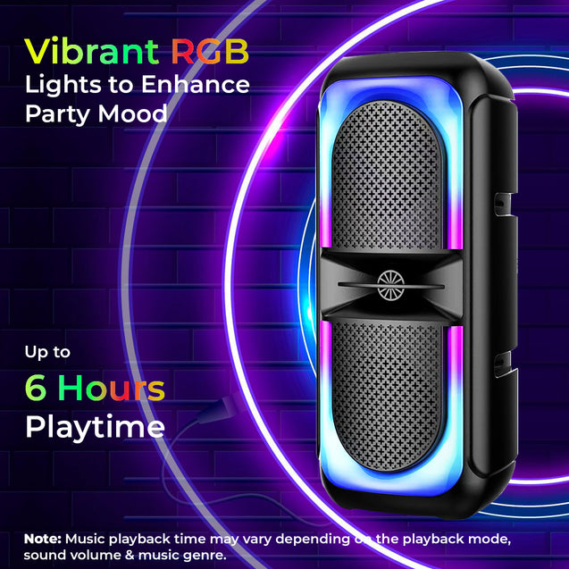 pTron Newly Launched Fusion Beats 40W Karaoke Bluetooth Party Speaker, Loud & Clear Stereo Sound, RGB Lights, 3 mtr Wired Mic, BT/USB/SD Card/Aux Playback, TWS Pairing & Type C Charging (Black)