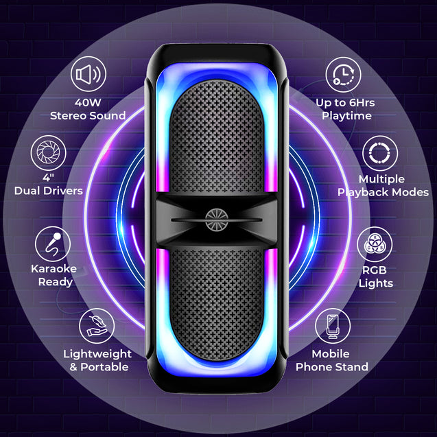 pTron Newly Launched Fusion Beats 40W Karaoke Bluetooth Party Speaker, Loud & Clear Stereo Sound, RGB Lights, 3 mtr Wired Mic, BT/USB/SD Card/Aux Playback, TWS Pairing & Type C Charging (Black)