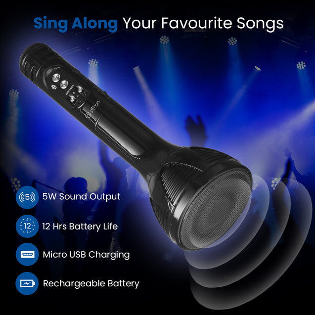 pTron Fusion Sing 5W Wireless Karaoke Mic with 12Hrs Playtime, Record Songs, Lightweight Handheld Design, Aux Play/mSD Play/USB Play & Media Controls (Piano Black)