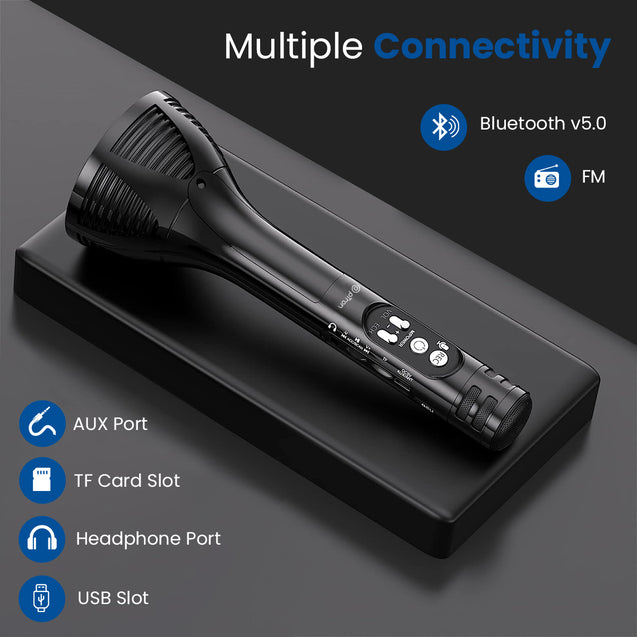 pTron Fusion Sing 5W Wireless Karaoke Mic with 12Hrs Playtime, Record Songs, Lightweight Handheld Design, Aux Play/mSD Play/USB Play & Media Controls (Piano Black)