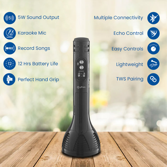 pTron Fusion Sing 5W Wireless Karaoke Mic with 12Hrs Playtime, Record Songs, Lightweight Handheld Design, Aux Play/mSD Play/USB Play & Media Controls (Piano Black)