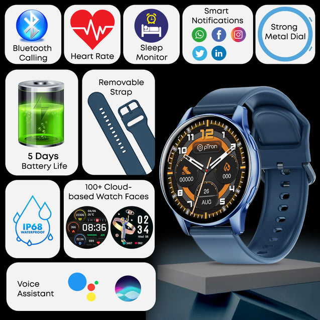 pTron Reflect Flash 1.32" Round Dial Smartwatch, Bluetooth Calling, Full Touch Display, 600 NITS, Metal Frame, 100+ Watch Faces, Heart-Rate, SpO2, IP68, Voice Assist & 5 Days Battery Life (Satin Black)
