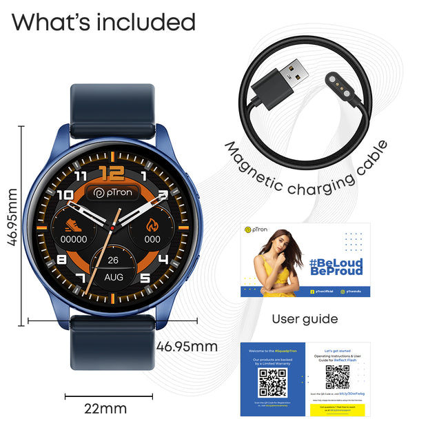 pTron Reflect Flash 1.32" Round Dial Smartwatch, Bluetooth Calling, Full Touch Display, 600 NITS, Metal Frame, 100+ Watch Faces, Heart-Rate, SpO2, IP68, Voice Assist & 5 Days Battery Life (Satin Blue)