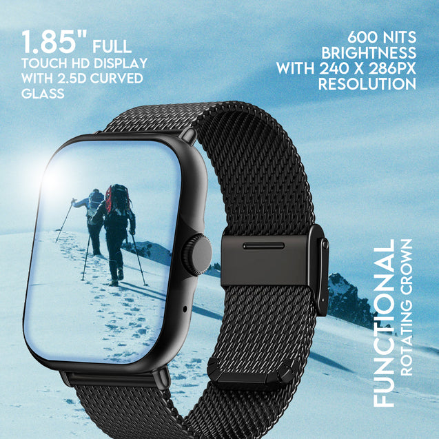 pTron Reflect Callz 1.85" Square Dial Smartwatch with Bluetooth Calling, Full Touch Display, 600 NITS, Digital Crown, Metal Strap, 100+ Watch Faces, HR, IP68 & 5 Days Battery Life (Cobra Black)