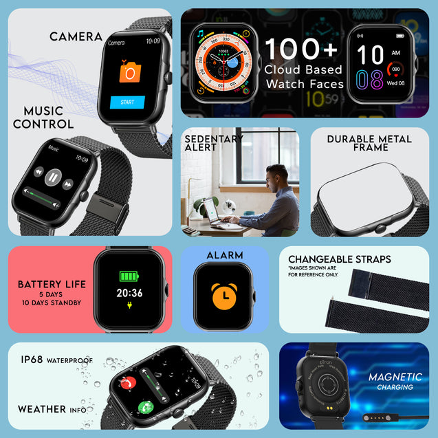 pTron Reflect Callz 1.85" Square Dial Smartwatch with Bluetooth Calling, Full Touch Display, 600 NITS, Digital Crown, Metal Strap, 100+ Watch Faces, HR, IP68 & 5 Days Battery Life (Cobra Black)