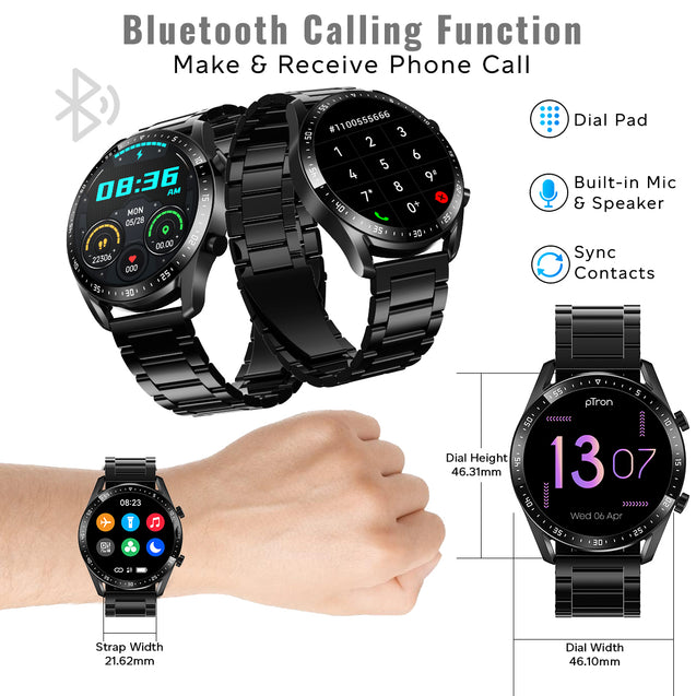 pTron Force X11P 1.3" Round Smartwatch with Bluetooth Calling, Full Touch Display, Metal Strap, Heart Rate Tracking, SpO2, 100s Watch Faces, 5 Days Battery Life, Fitness Trackers & IP68 (Cobra Black)