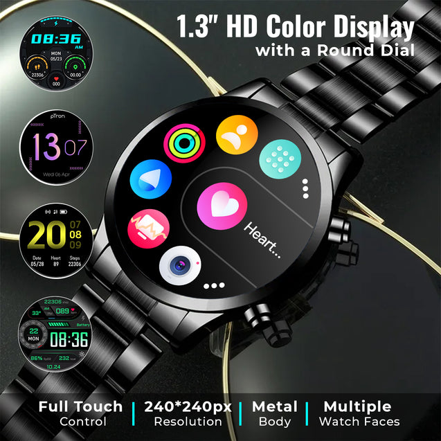 pTron Force X11P 1.3" Round Smartwatch with Bluetooth Calling, Full Touch Display, Metal Strap, Heart Rate Tracking, SpO2, 100s Watch Faces, 5 Days Battery Life, Fitness Trackers & IP68 (Cobra Black)