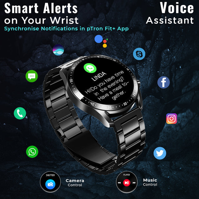pTron Force X11P 1.3" Round Smartwatch with Bluetooth Calling, Full Touch Display, Metal Strap, Heart Rate Tracking, SpO2, 100s Watch Faces, 5 Days Battery Life, Fitness Trackers & IP68 (Cobra Black)